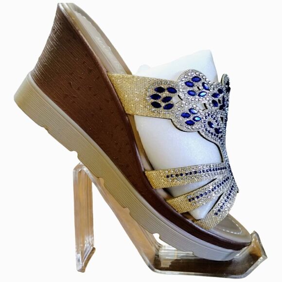 WEDGE SANDAL EMBELLISHED NEW  Navy/Rose Gold Rubber Sole SIZE 8 - Picture 2 of 5